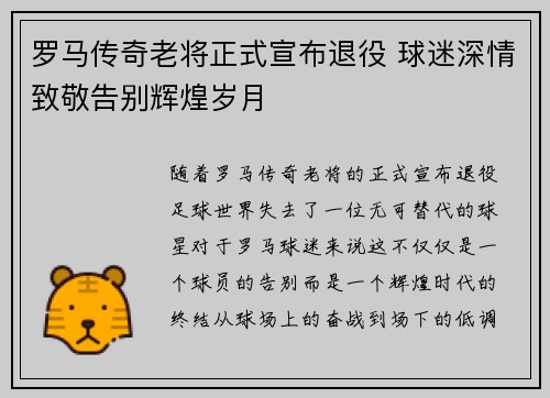 罗马传奇老将正式宣布退役 球迷深情致敬告别辉煌岁月