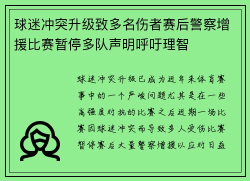 球迷冲突升级致多名伤者赛后警察增援比赛暂停多队声明呼吁理智