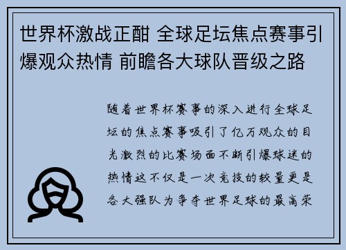 世界杯激战正酣 全球足坛焦点赛事引爆观众热情 前瞻各大球队晋级之路