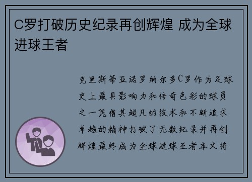 C罗打破历史纪录再创辉煌 成为全球进球王者
